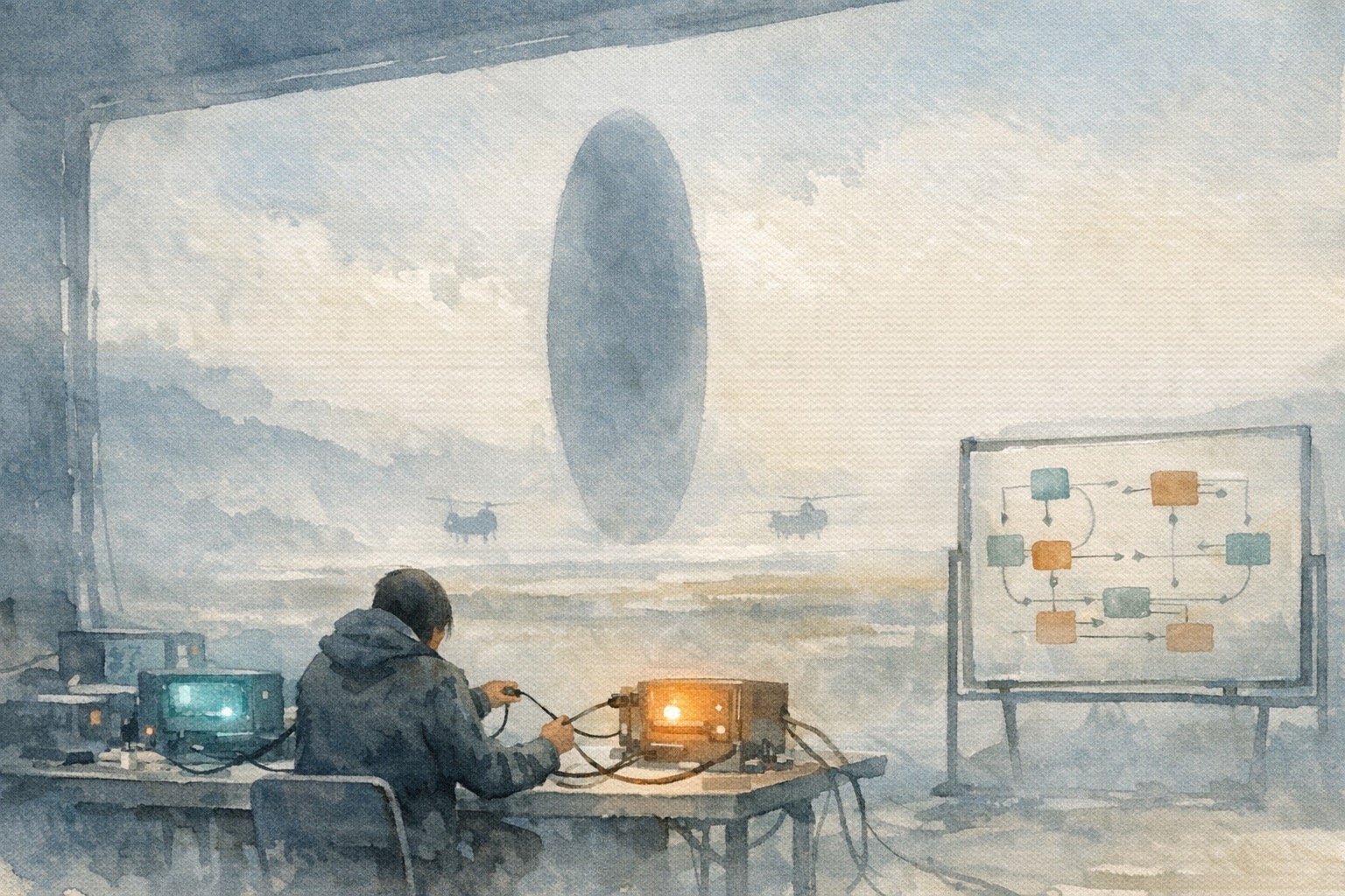 Person connecting protocol cables between two glowing devices with diagrams on a whiteboard