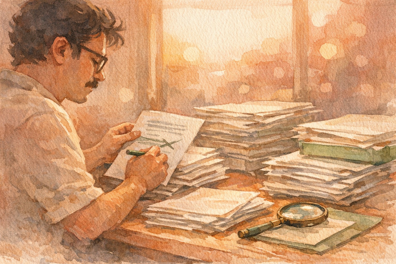 Person sorting through stacks of documents, crossing out wrong ones, with a magnifying glass on the desk