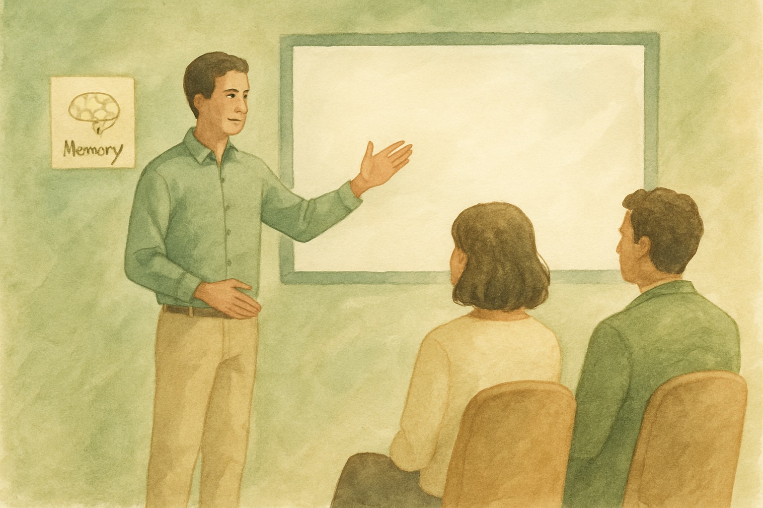 Watercolor illustration of interconnected memory nodes forming a knowledge network in sage and olive tones