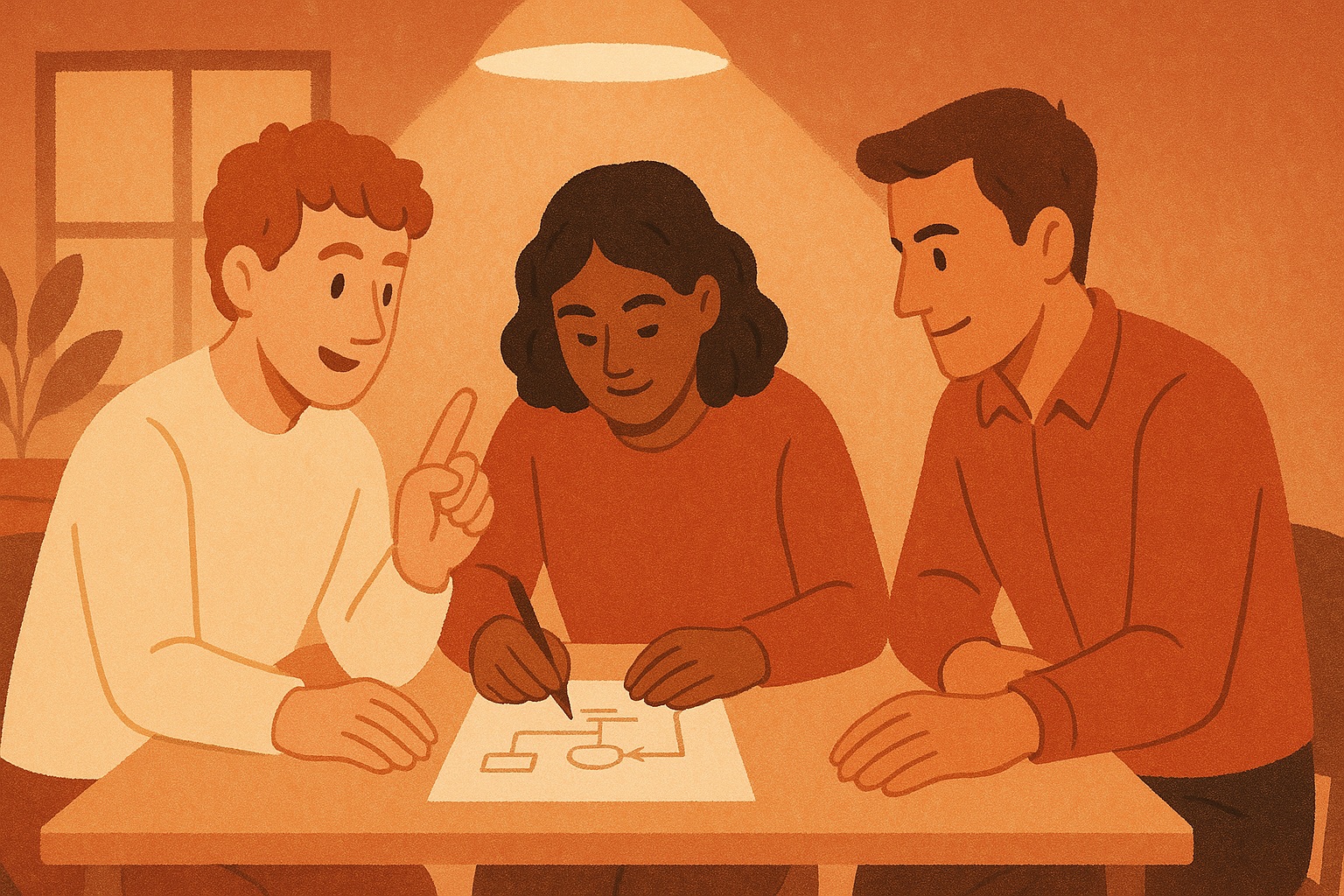 Illustration of a focused team of three collaborating on problem-solving together