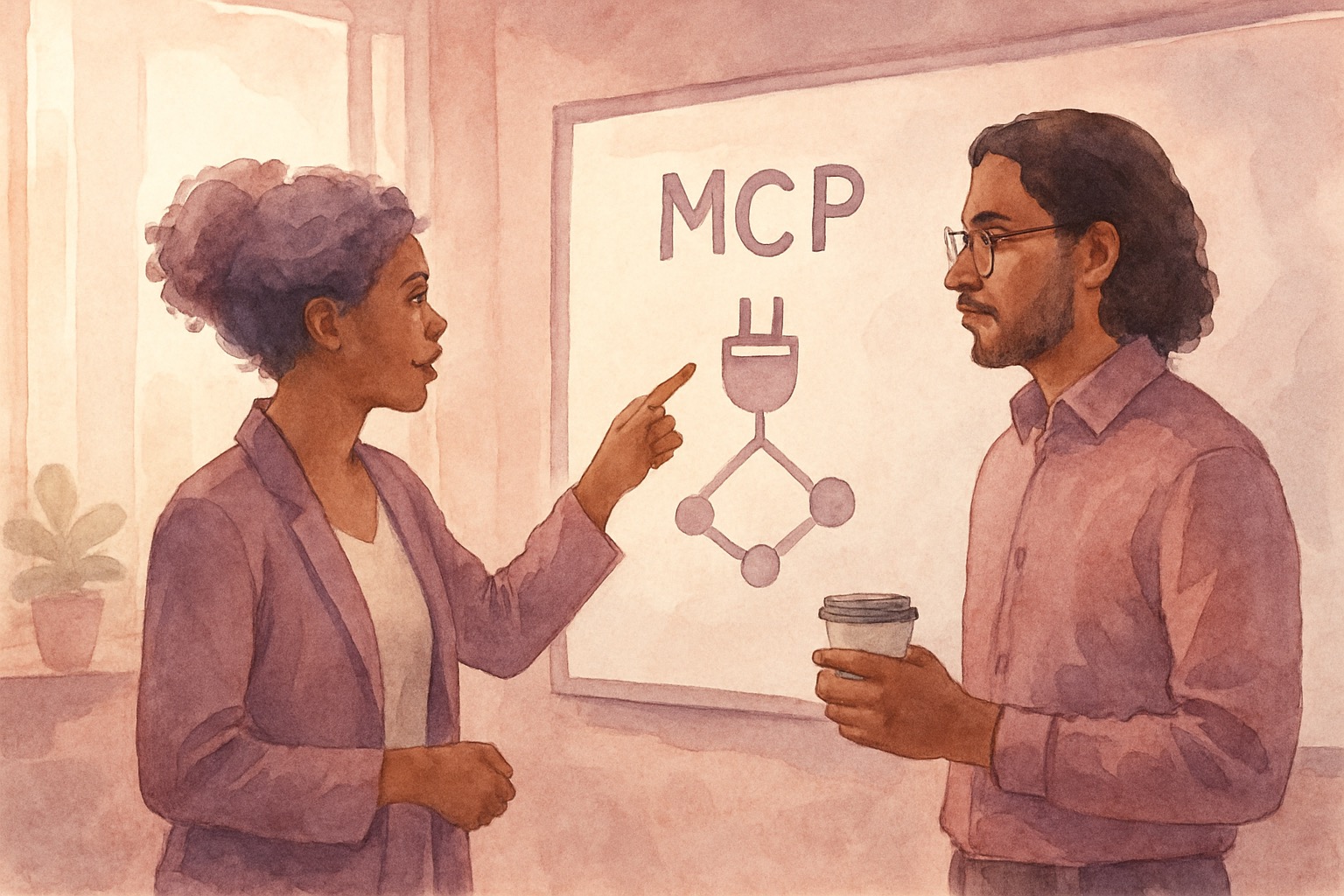 Watercolor illustration of developers collaborating around a whiteboard with tool integration diagrams