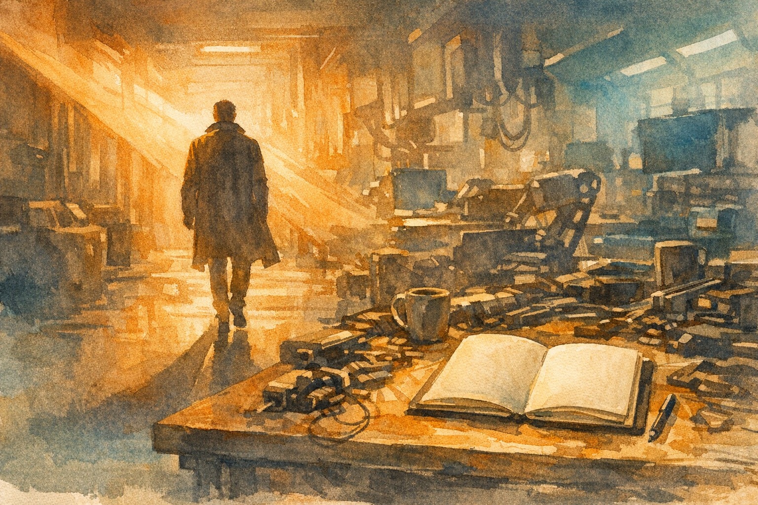 Person surrounded by many tools but looking at an empty notebook