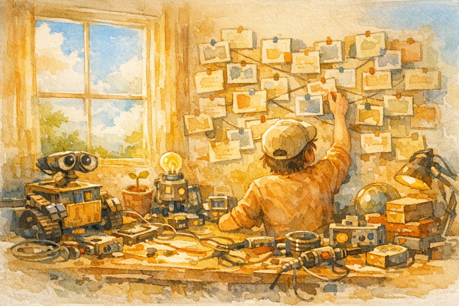 Warm watercolor illustration of interconnected data streams flowing through a library-like space