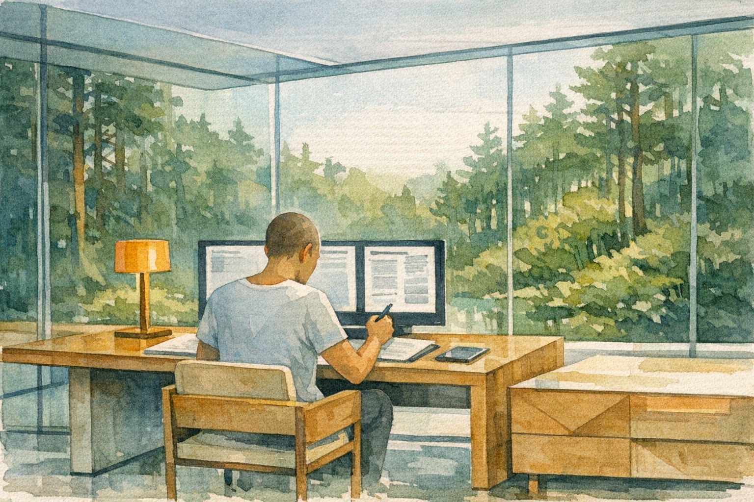 Warm watercolor illustration of a control room monitoring shopping conversations