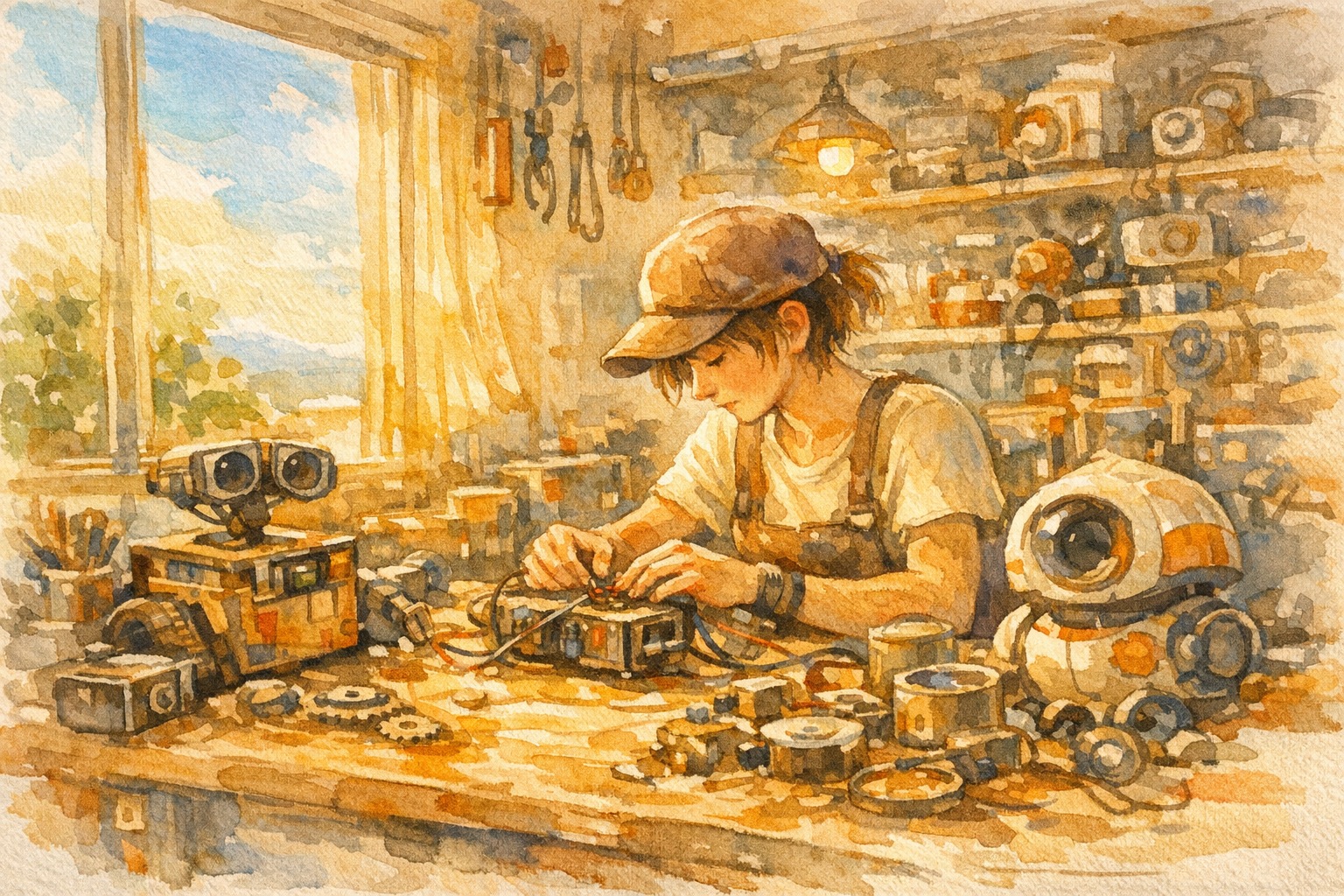 Warm watercolor illustration of a workshop bench assembling colorful product cards