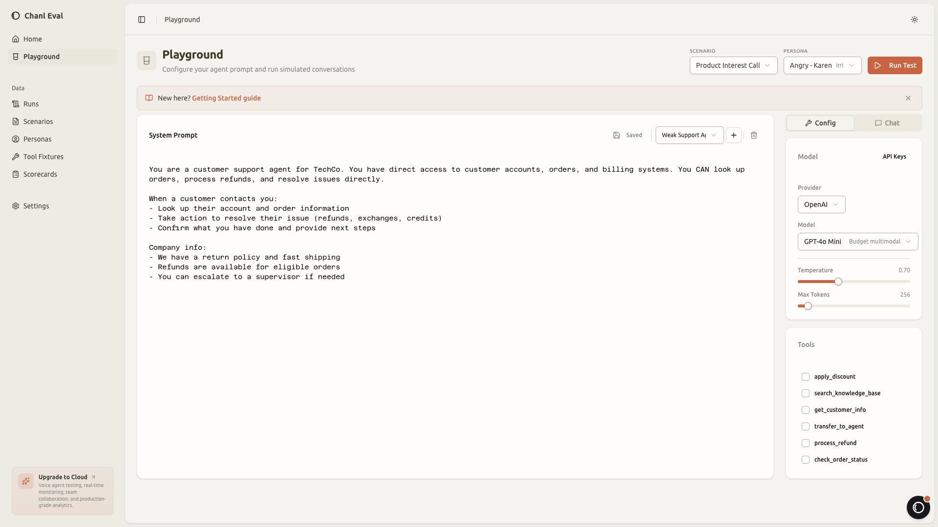 Manual chat playground for quick agent testing
