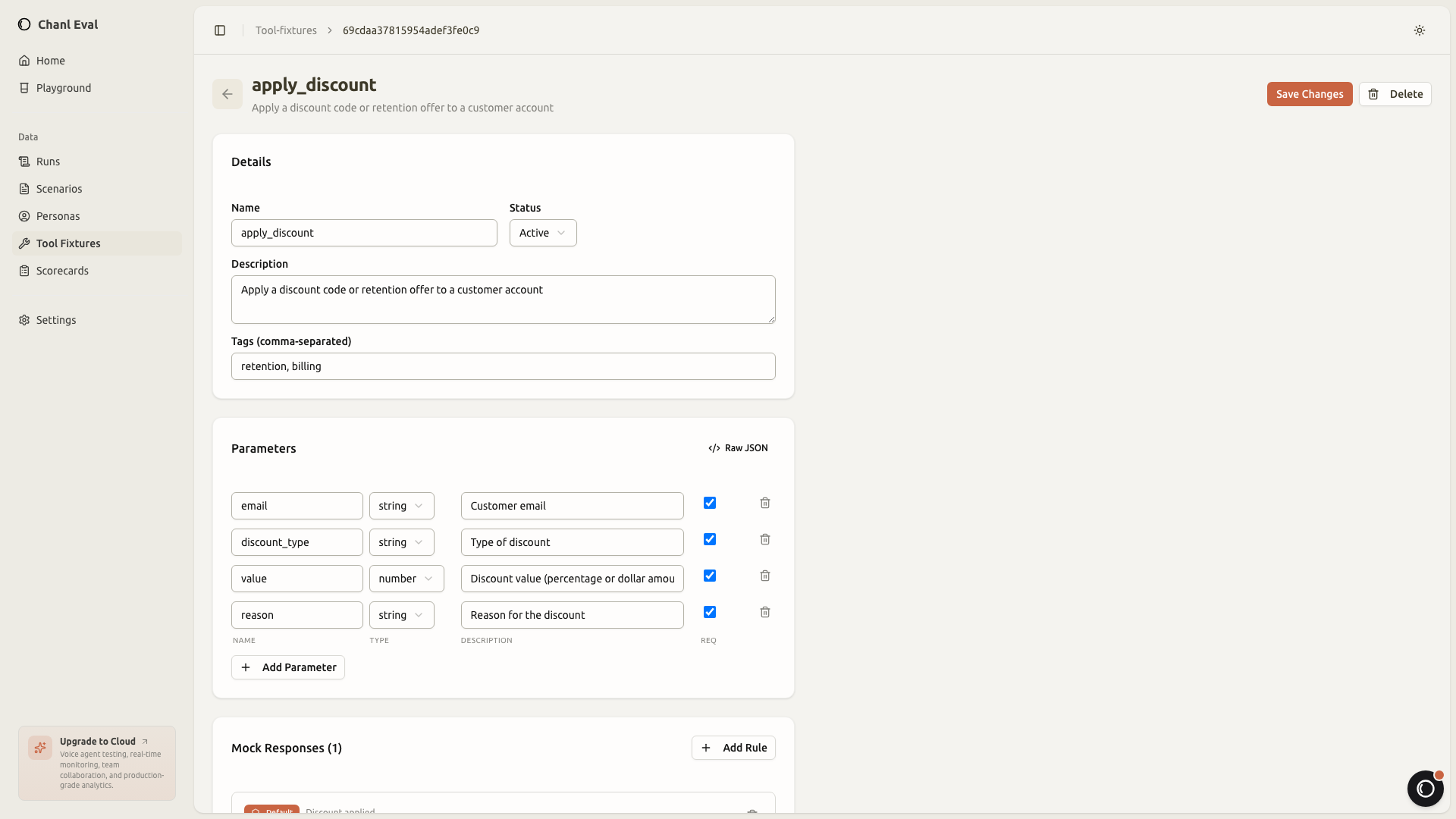 Tool fixture configuration with parameter builder and mock responses