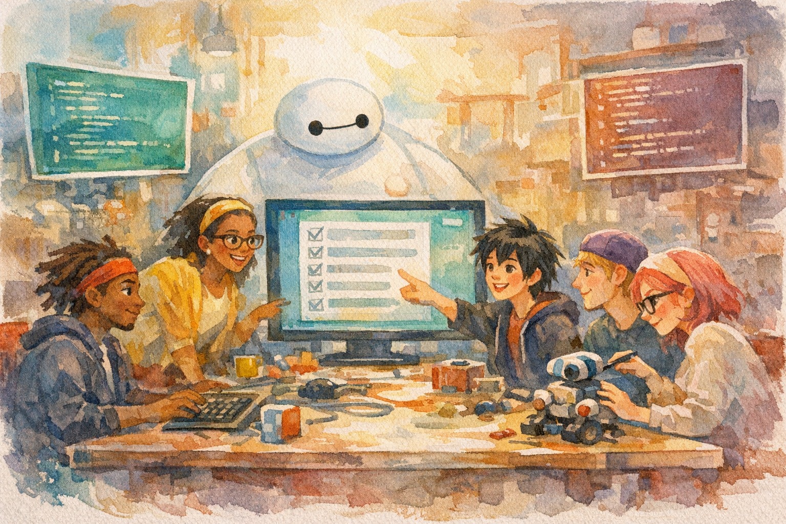 Watercolor illustration of a colorful workspace with a main monitor surrounded by floating screens showing different code, warm plum tones