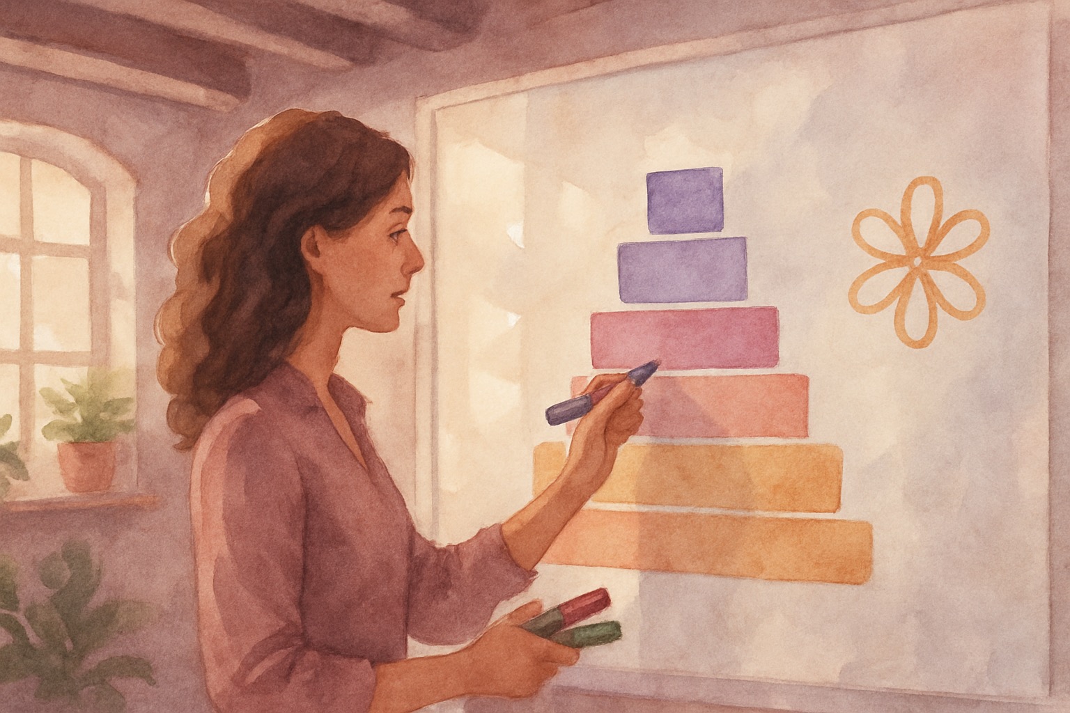 Watercolor illustration of developers at a cafe terrace with MCP diagram on whiteboard — Teal & Copper style