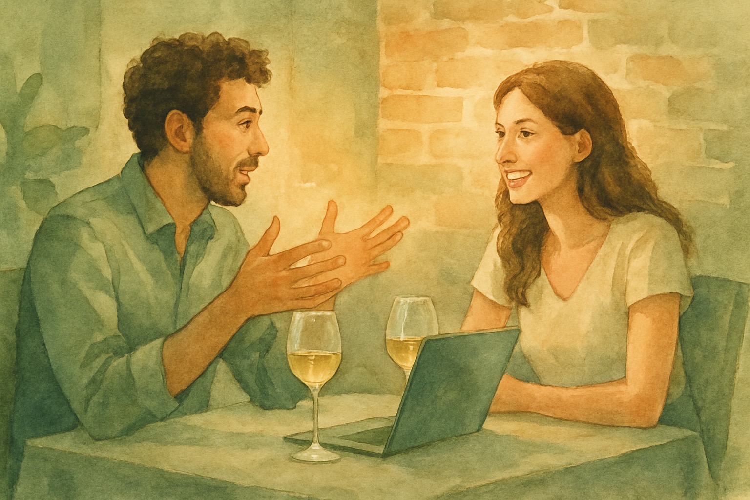 Watercolor illustration of developers at a cafe terrace with MCP plug-and-socket diagram on whiteboard — Sage & Olive style