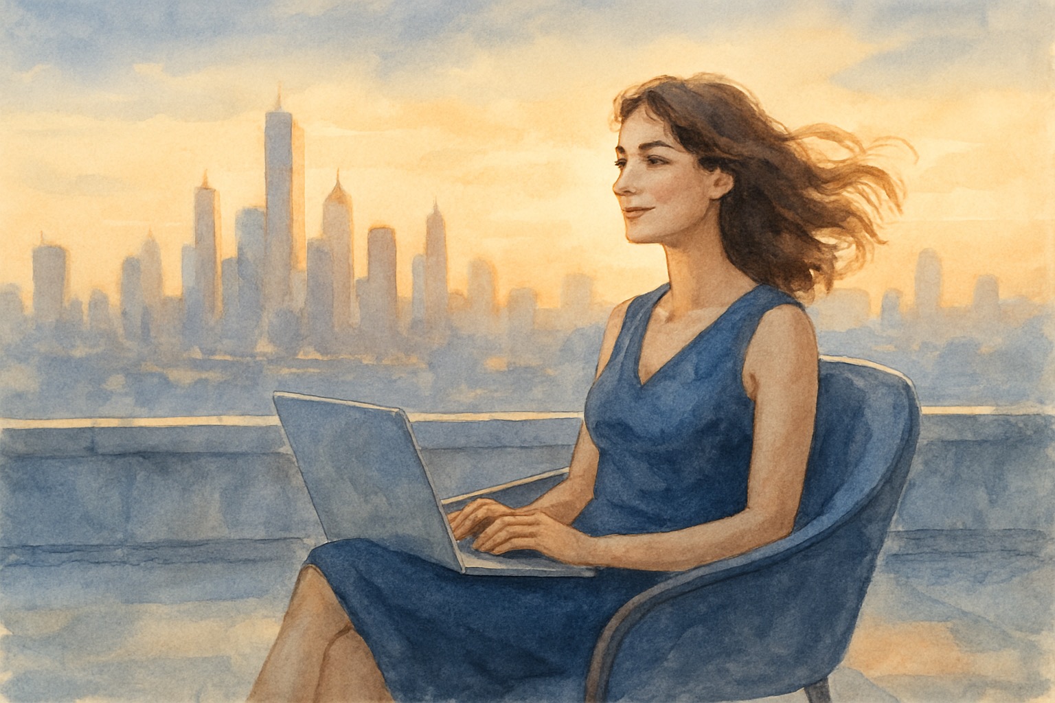 Watercolor illustration of developers at a cafe terrace with rocket deployment diagram on screen — Dusty Blue style