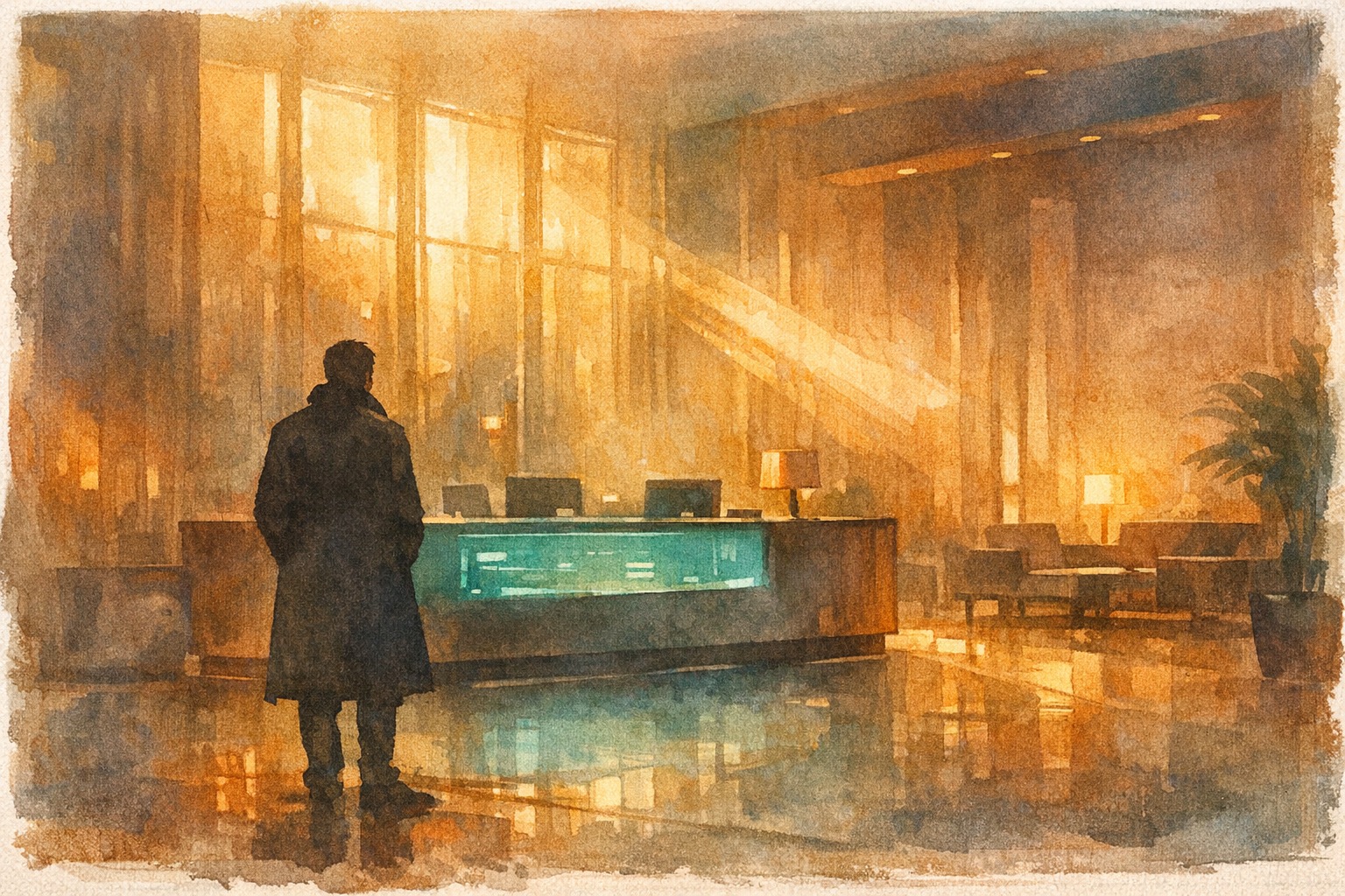 Modern bank lobby with digital screens and a customer speaking on the phone, soft lighting and glass walls