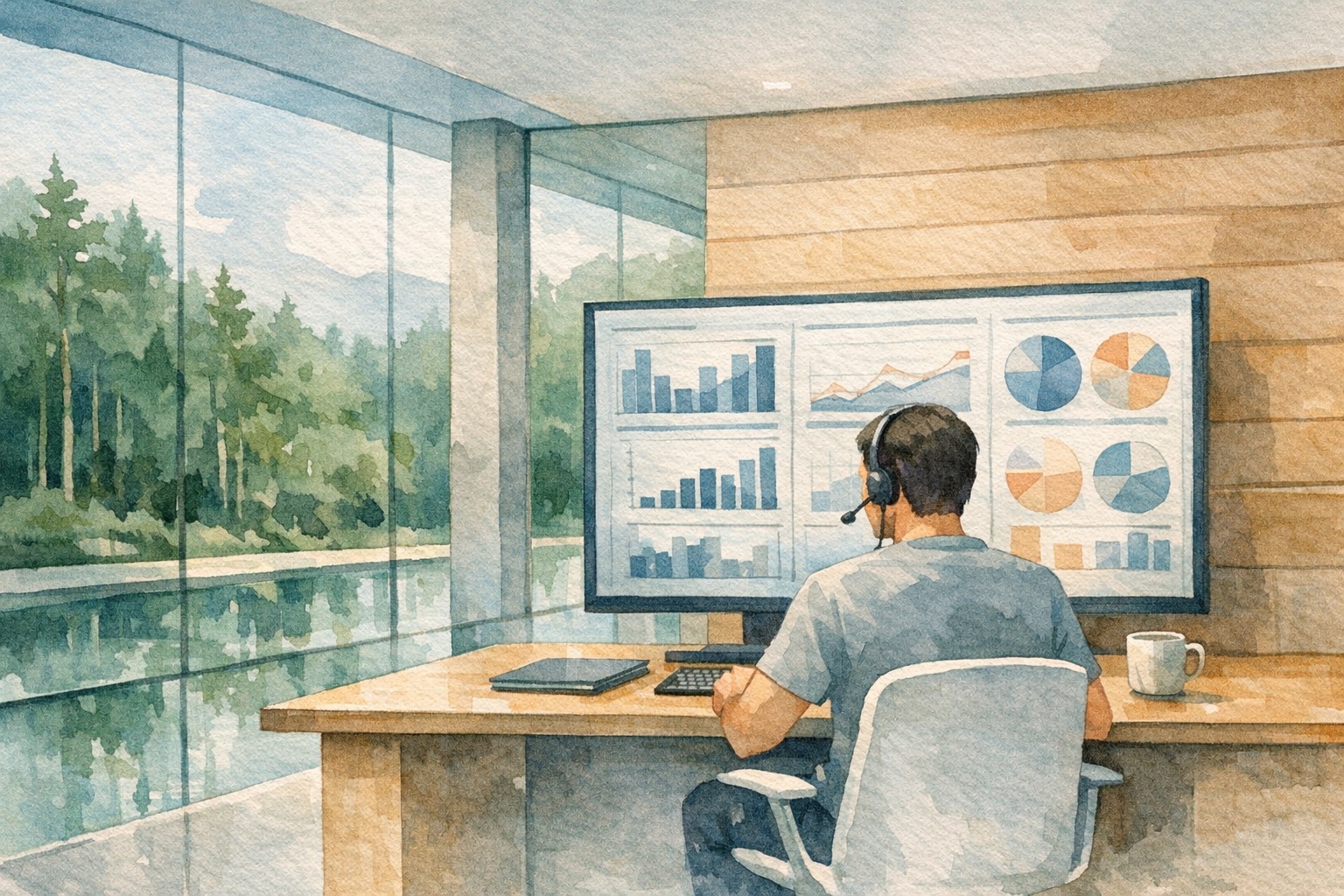 Aerial view of a modern enterprise operations center with rows of monitors displaying conversation analytics dashboards and quality metrics