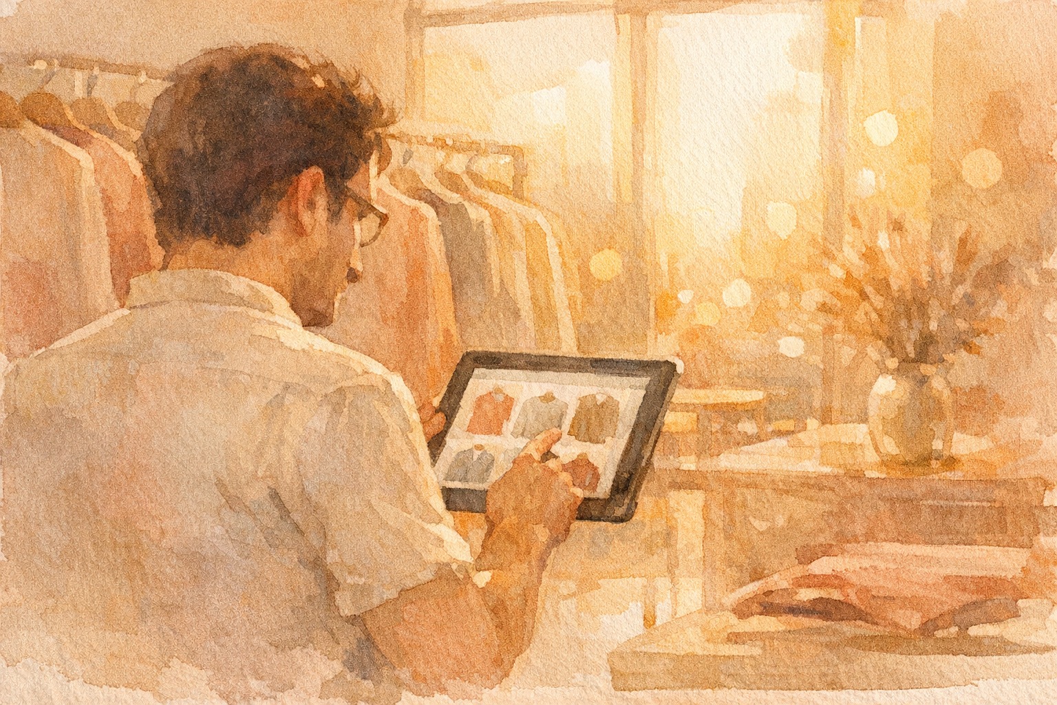 Warm watercolor illustration of a fashion boutique with digital product recommendations floating above clothing racks