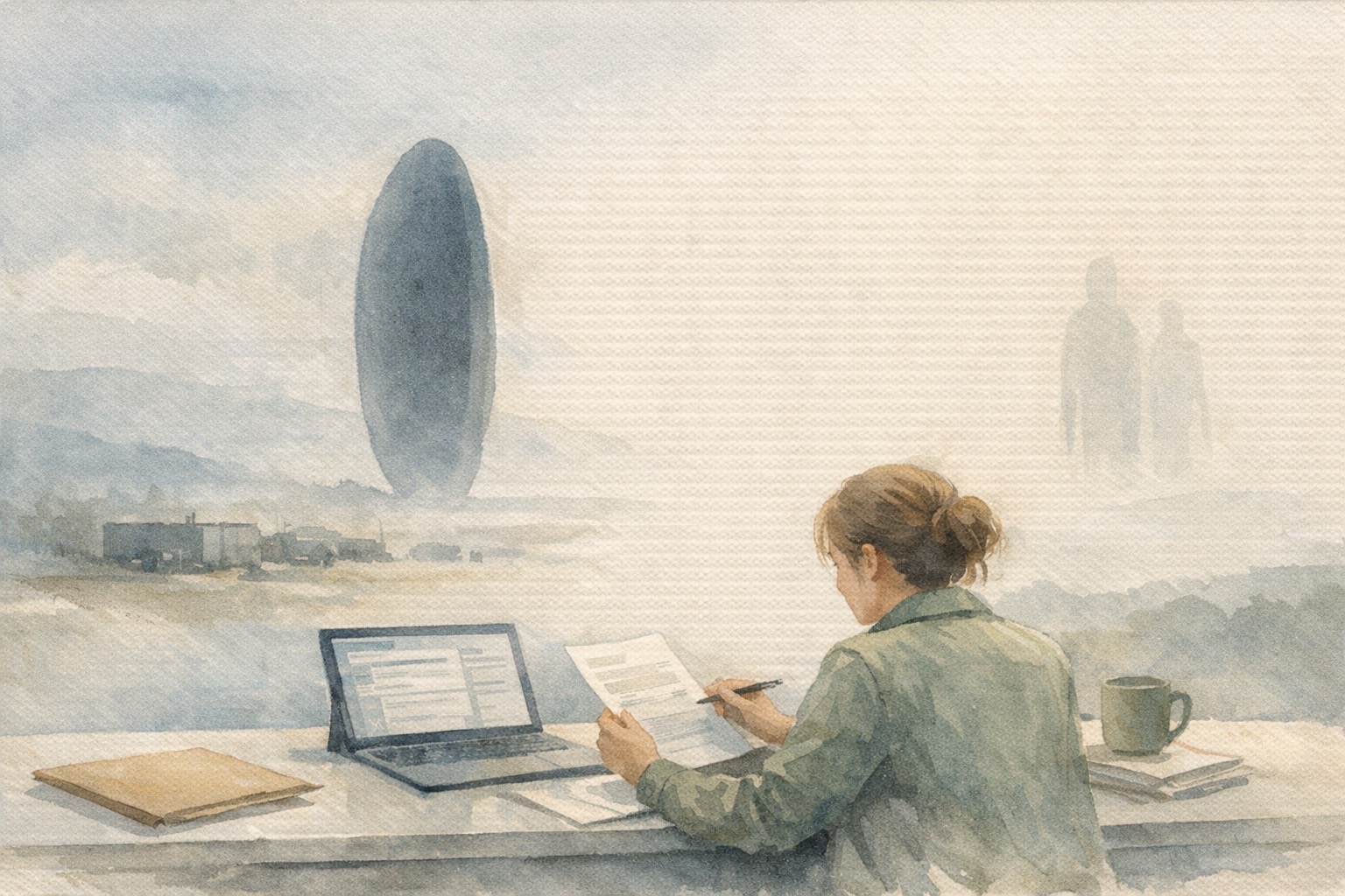 Watercolor illustration of a structured data network flowing through an insurance office, with policy documents transforming into organized digital records