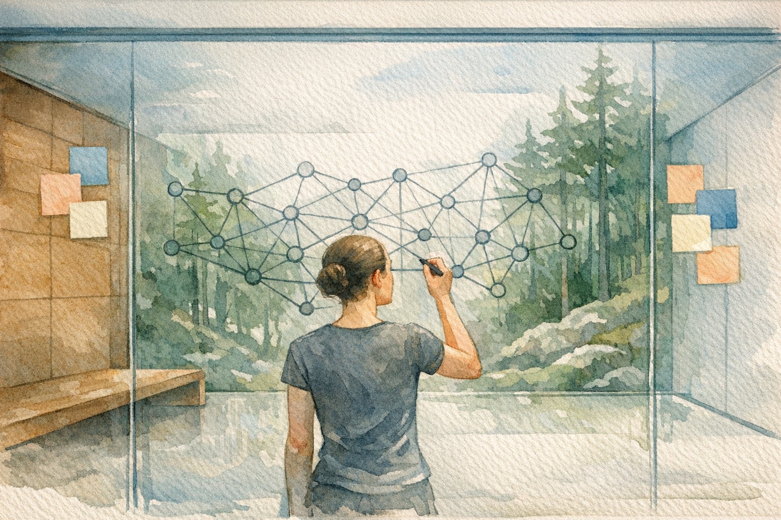 Person drawing a web of connected nodes on a glass wall with colorful sticky notes around the edges