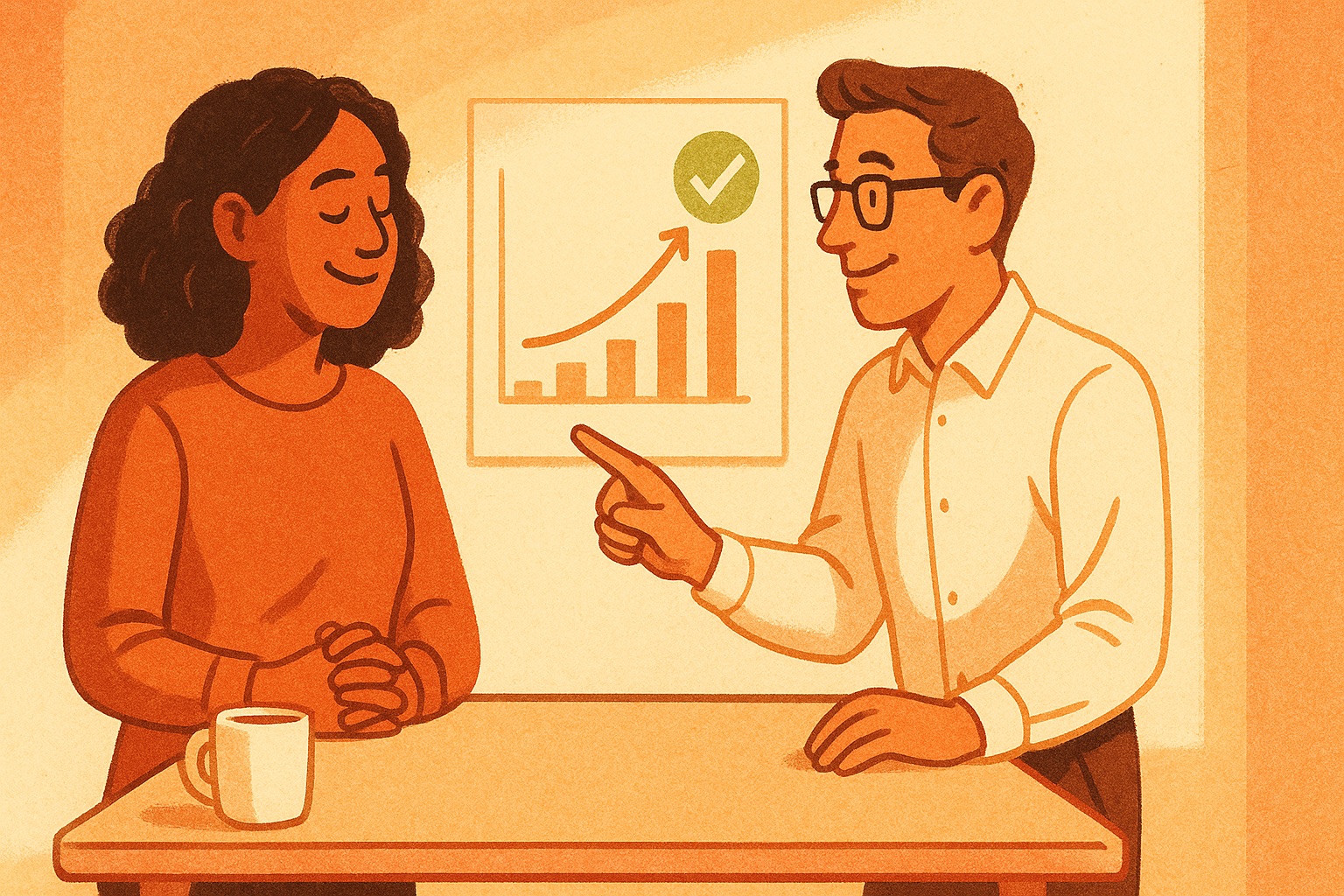 Illustration of two people reviewing an improvement chart together at a standing desk