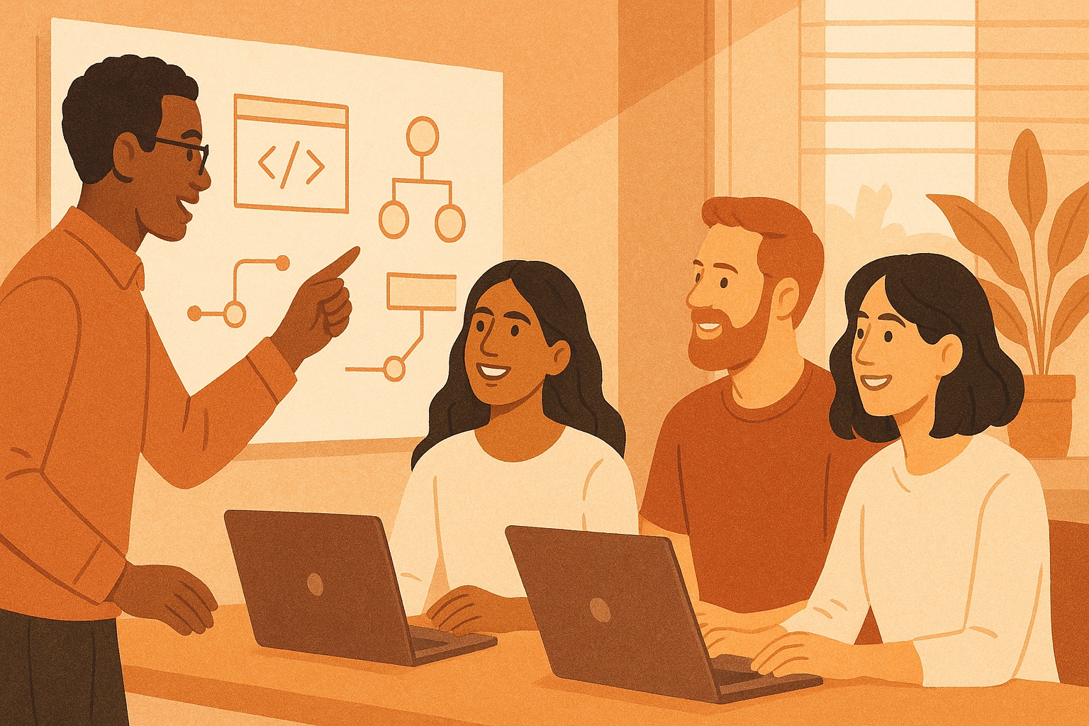 Illustration of a diverse team collaborating around a whiteboard with code diagrams