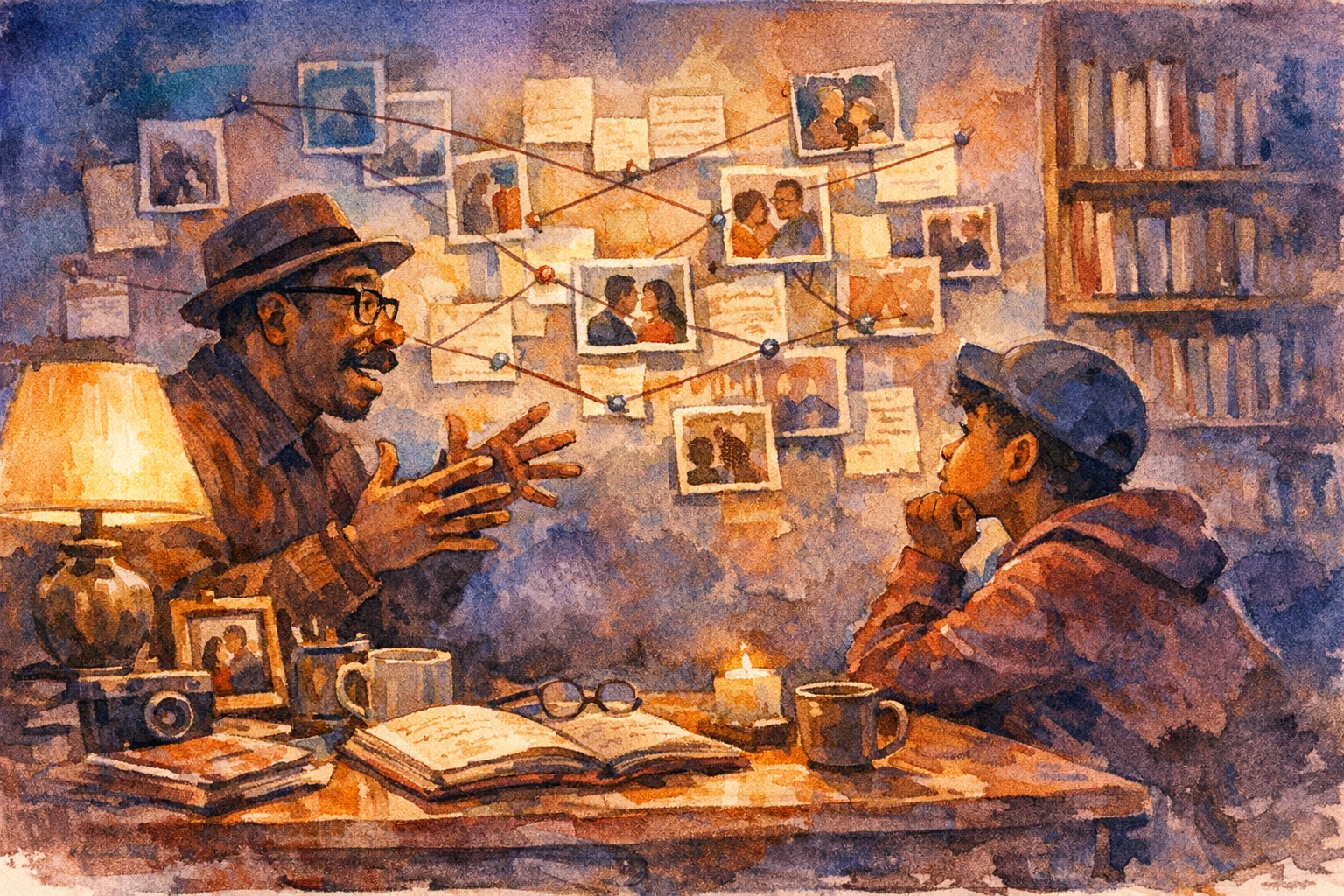 A filing cabinet with most drawers empty and papers scattered on the floor, watercolor illustration in muted blue tones