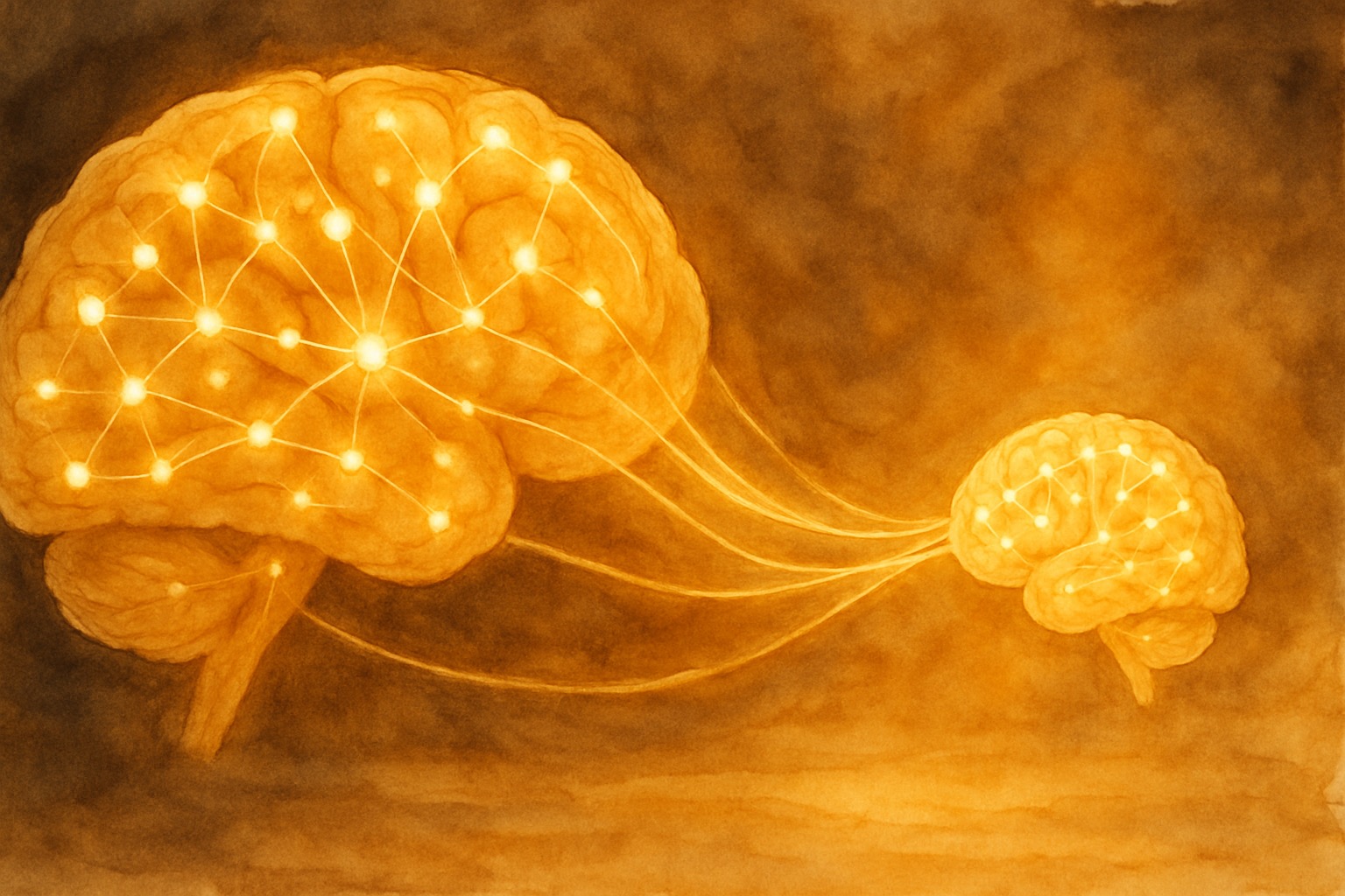 Neural network distillation visualization showing a large teacher model transferring knowledge to a compact student model
