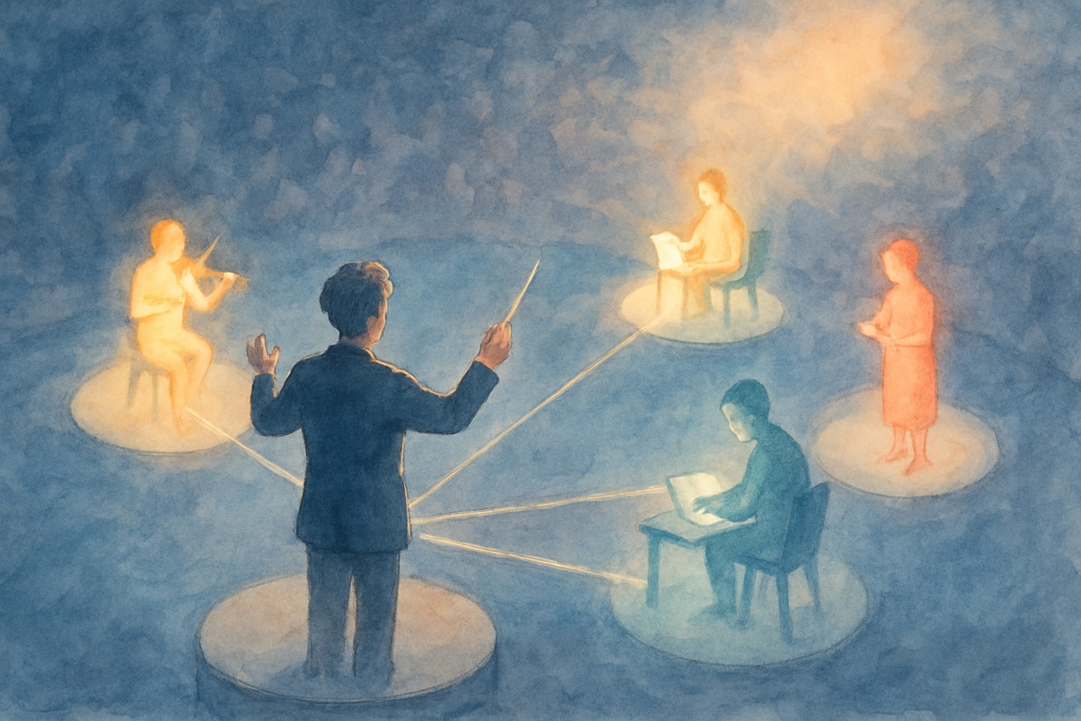 Diagram showing interconnected AI agents coordinating a complex customer service workflow