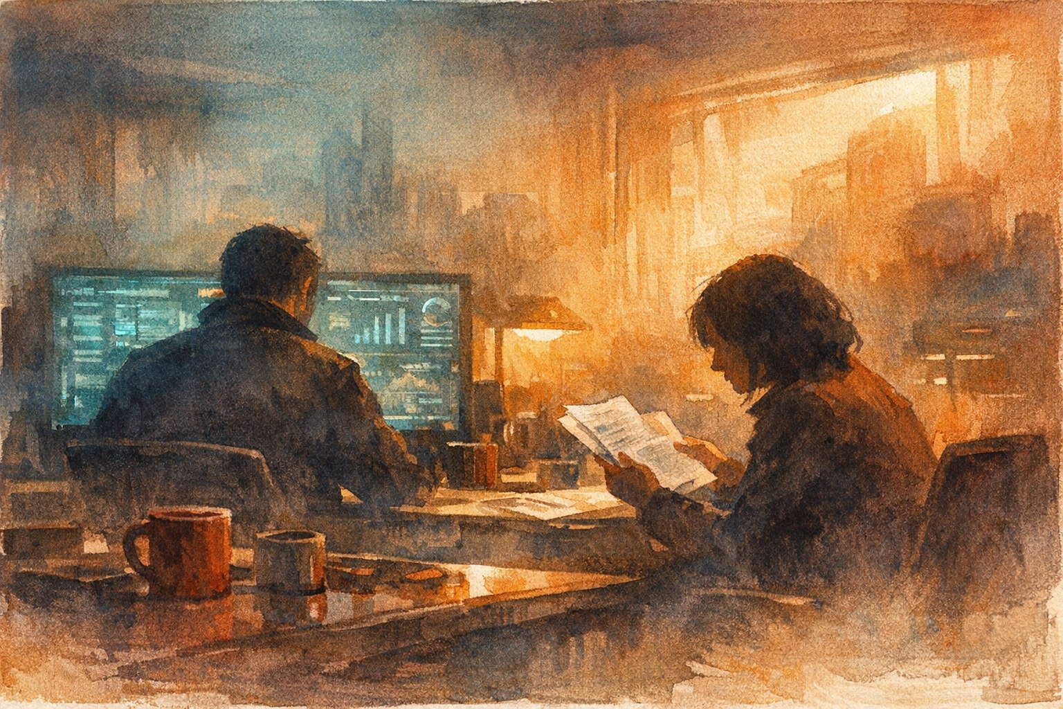 Watercolor illustration of a split dashboard showing human reviewers on one side and automated scoring metrics on the other