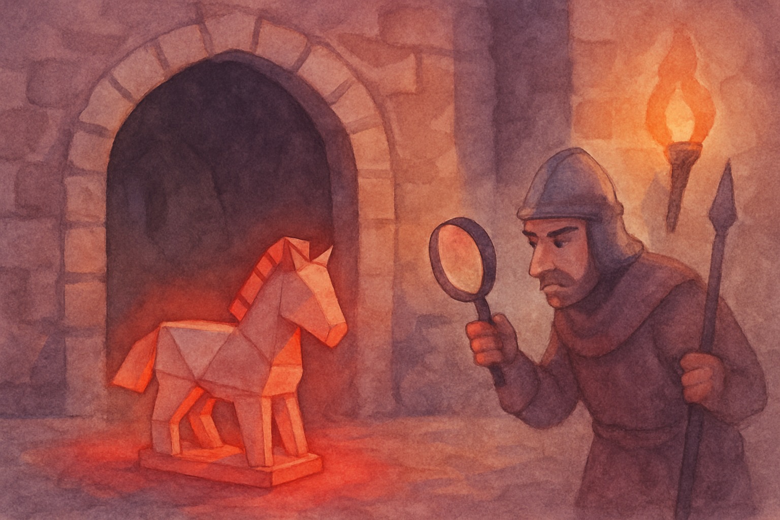 Watercolor illustration of a shield intercepting data flowing between AI agent tool connections