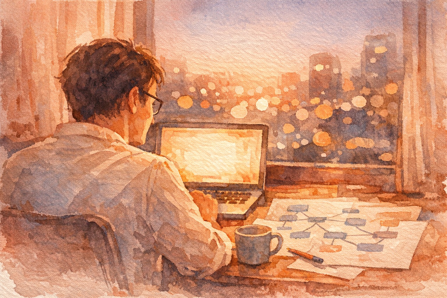 Person examining a branching diagram of document retrieval paths