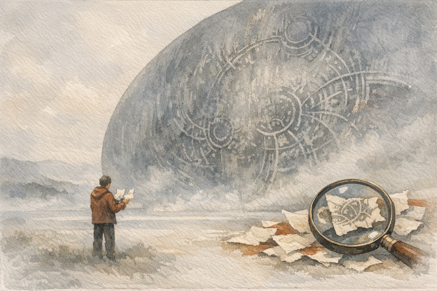 Person examining documents through a magnifying glass