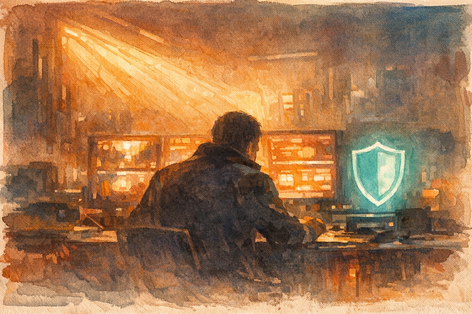 Watercolor illustration of a digital fortress under siege with abstract red and blue waves representing adversarial AI testing