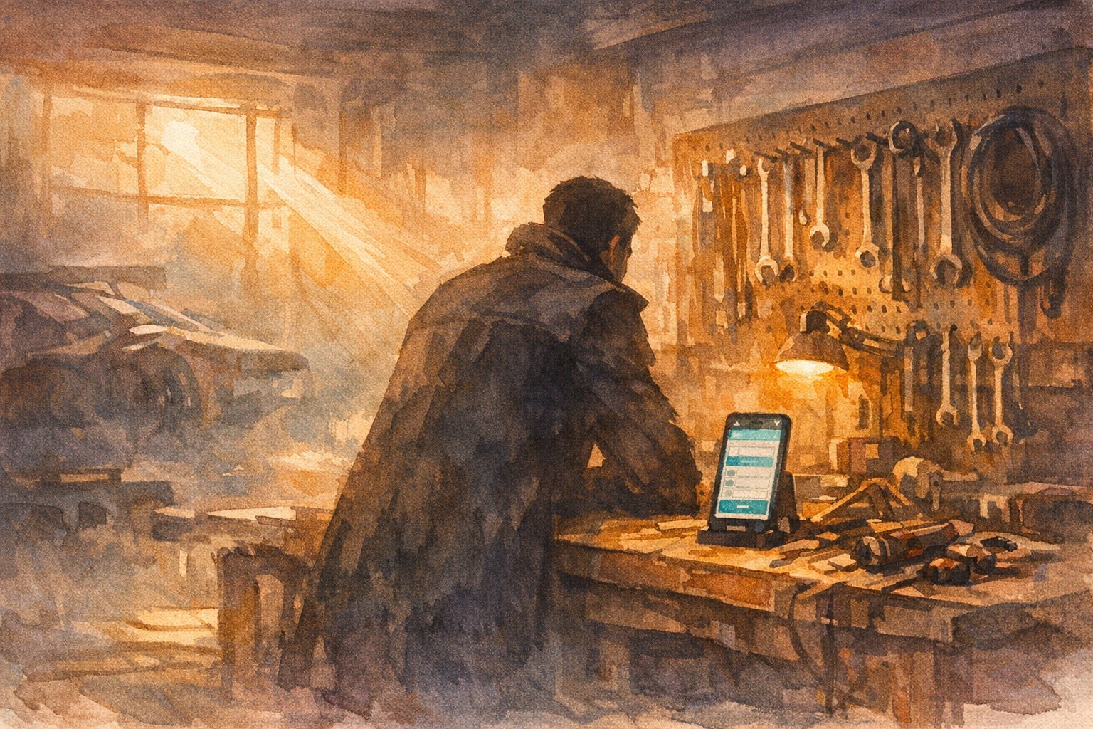 Auto repair shop garage with a phone ringing on the counter while a mechanic works under a lifted car