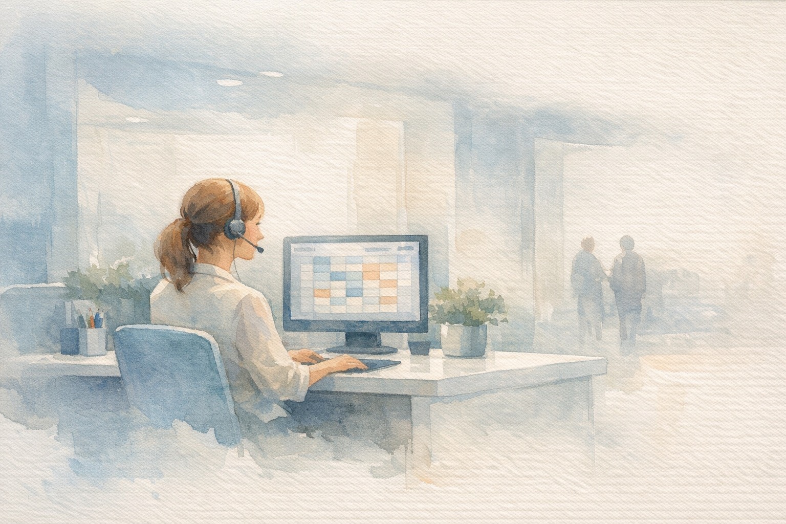 Warm illustration of a friendly AI assistant at a dental clinic front desk, answering calls while the office is dark and empty at night