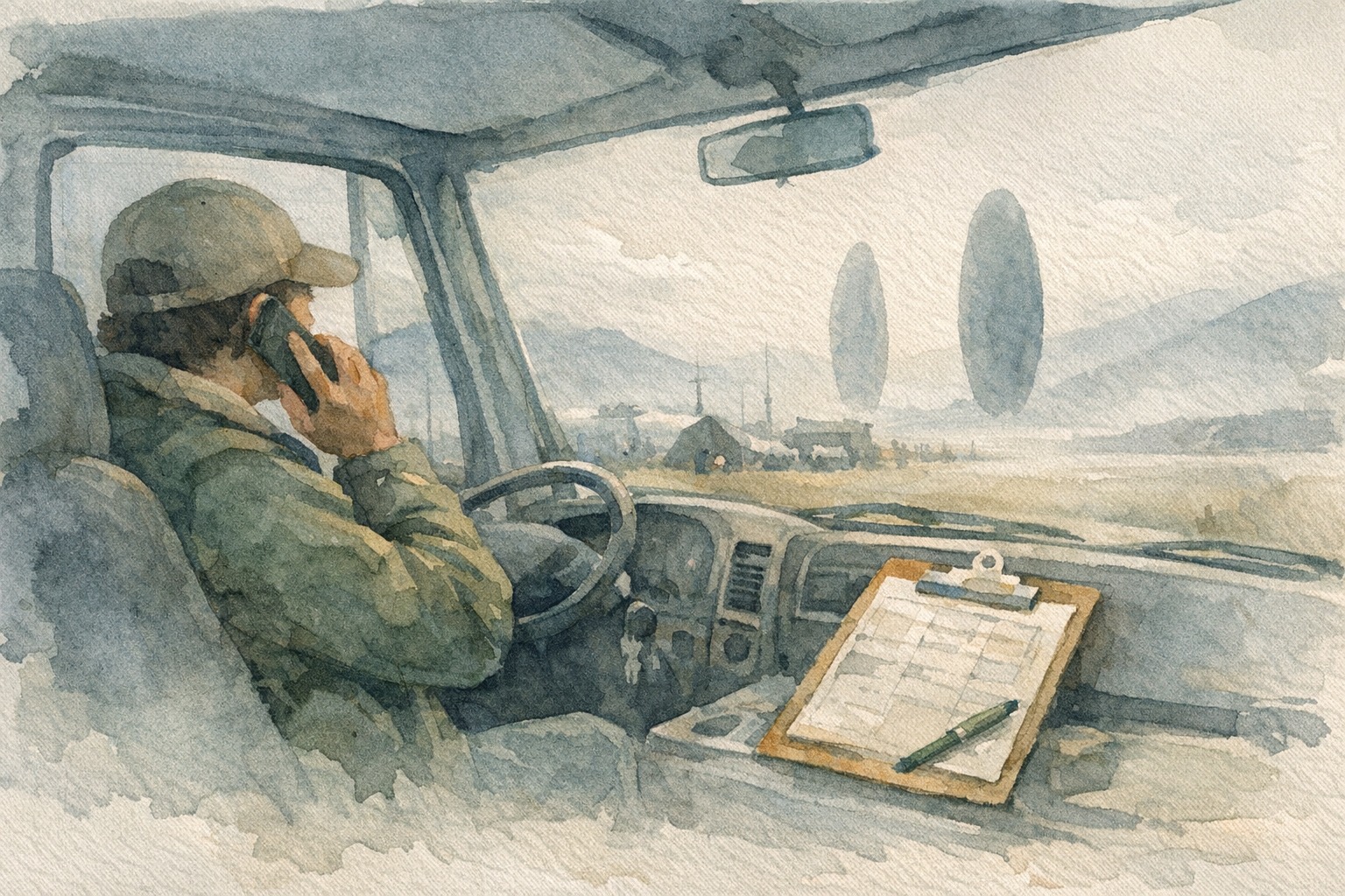 HVAC service van parked outside a house at night with a phone screen showing an AI assistant booking an appointment