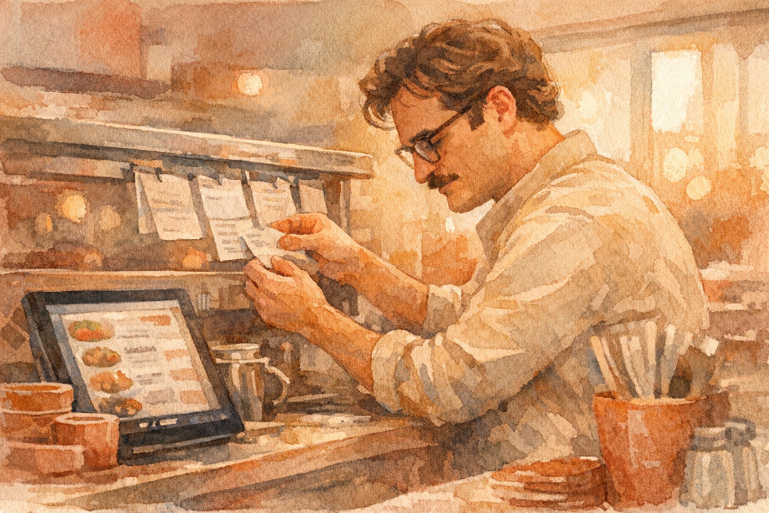 Warm watercolor illustration of a cozy Italian restaurant kitchen with a phone ringing on the counter