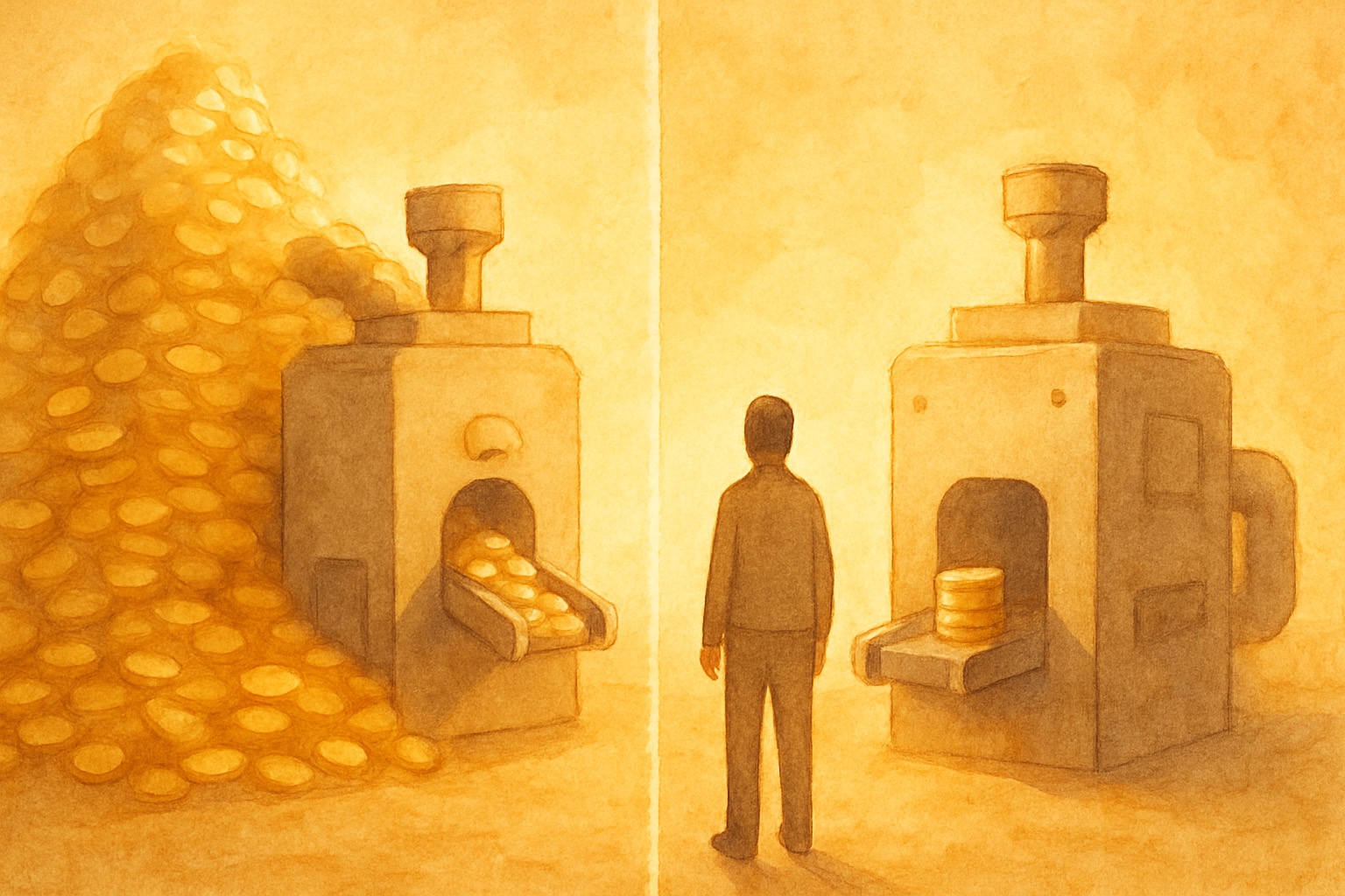 Watercolor illustration of descending cost bars alongside token streams flowing through an optimization pipeline