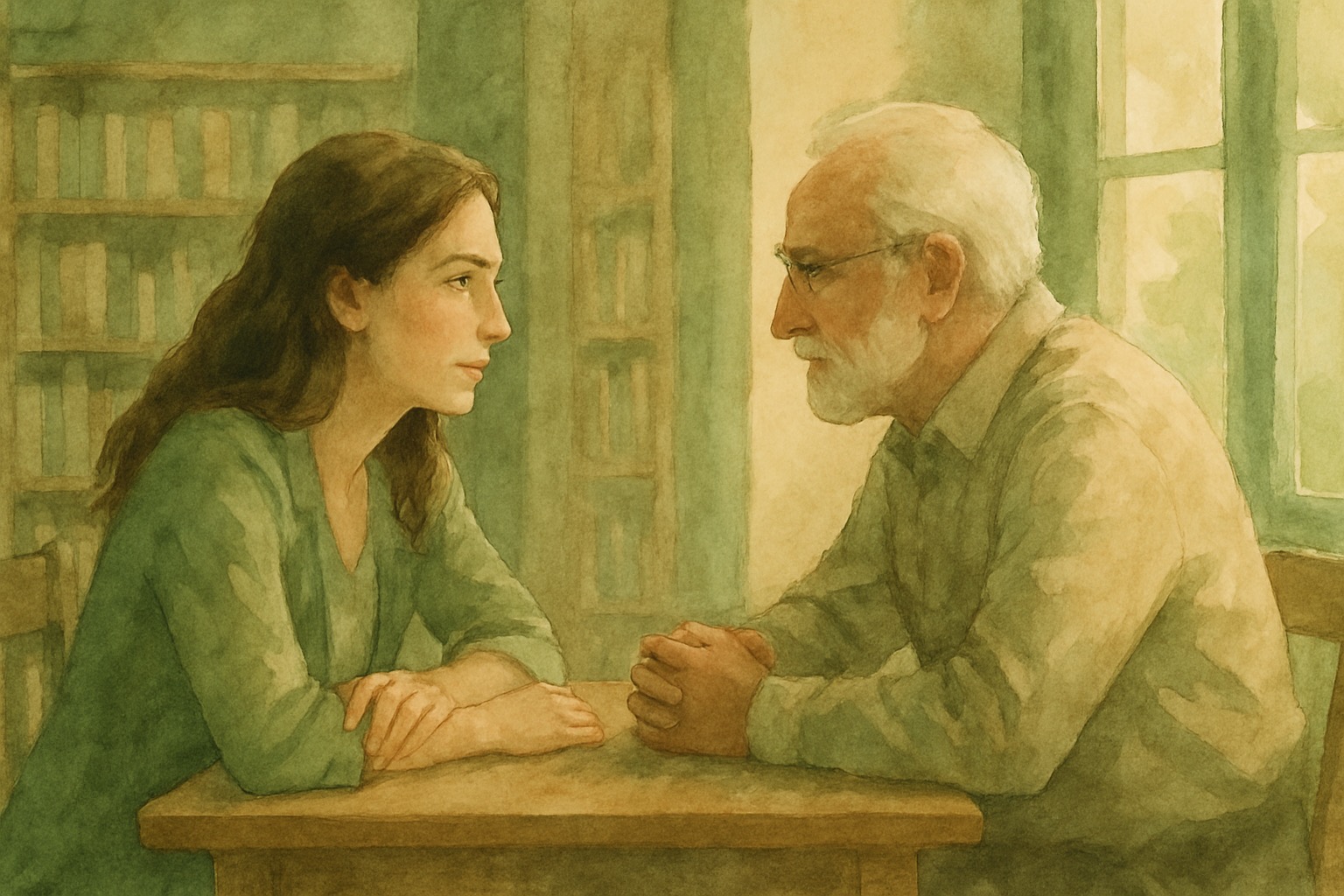 Warm watercolor illustration of a woman at a sunlit flower market, holding a phone to her ear while browsing bouquets