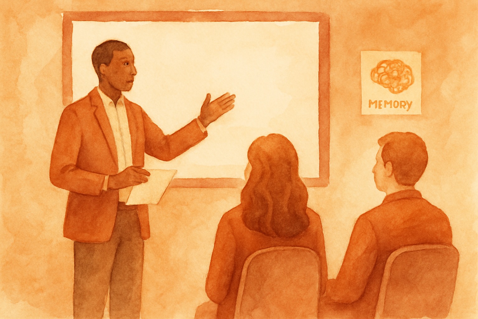 Voice agent architecture diagram showing memory persistence across sessions in warm terra cotta and sage tones