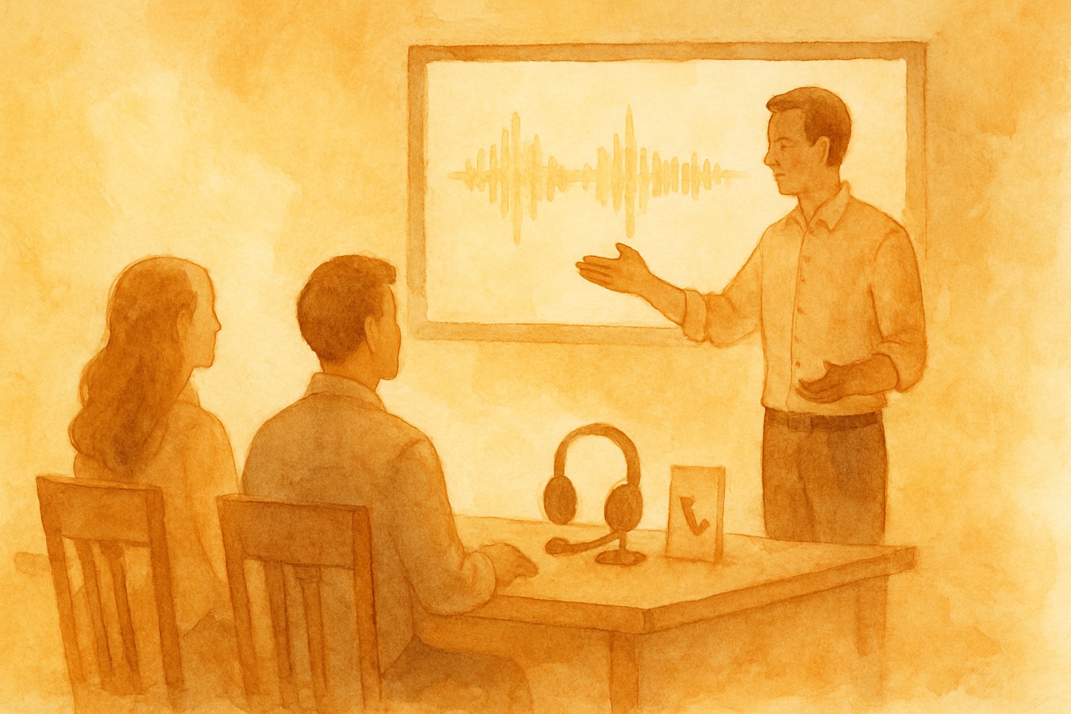 Watercolor illustration of voice AI waveforms flowing through a technical architecture diagram with golden amber tones