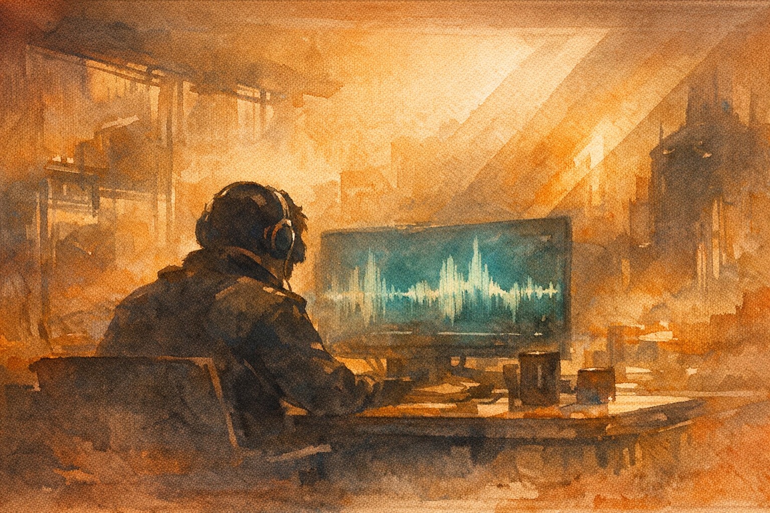 Person wearing a headset at a desk with sound waveforms visible on screen, golden amber atmosphere